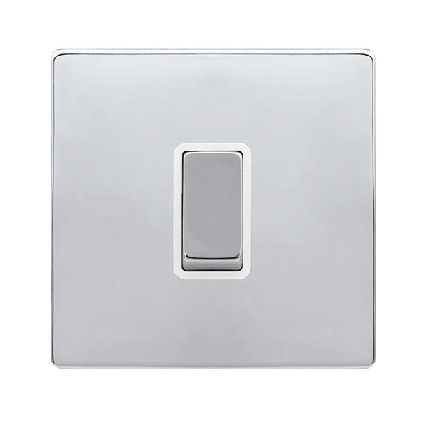 Screwless Plate Polished Chrome 10A Ingot 1 Gang 2 Way Light Switch - White Trim
