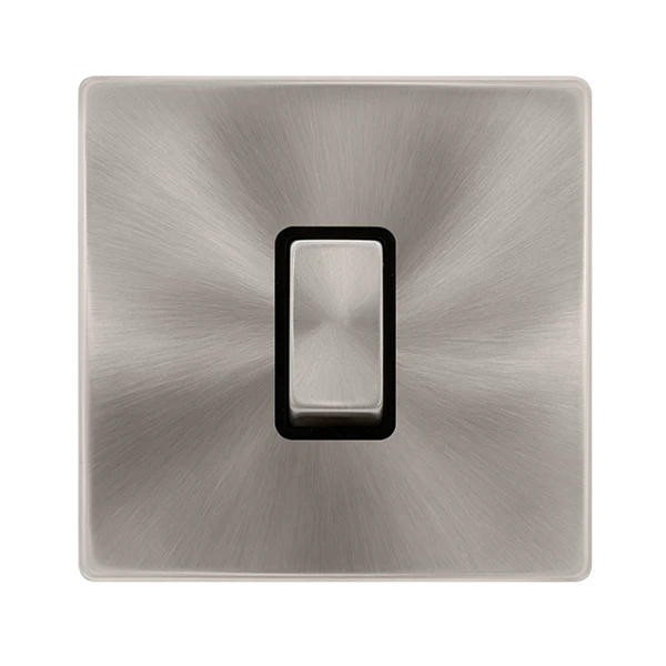 Screwless Plate Brushed Steel 10A Ingot 1 Gang Intermediate Switch - Black Trim