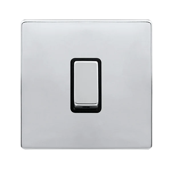 Screwless Plate Polished Chrome 10A Ingot 1 Gang Intermediate Switch - Black Trim