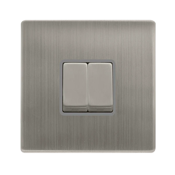 10AX Ingot 2 Gang 2 Way Switch - Stainless Steel Cover Plate - Grey Insert - Screwless