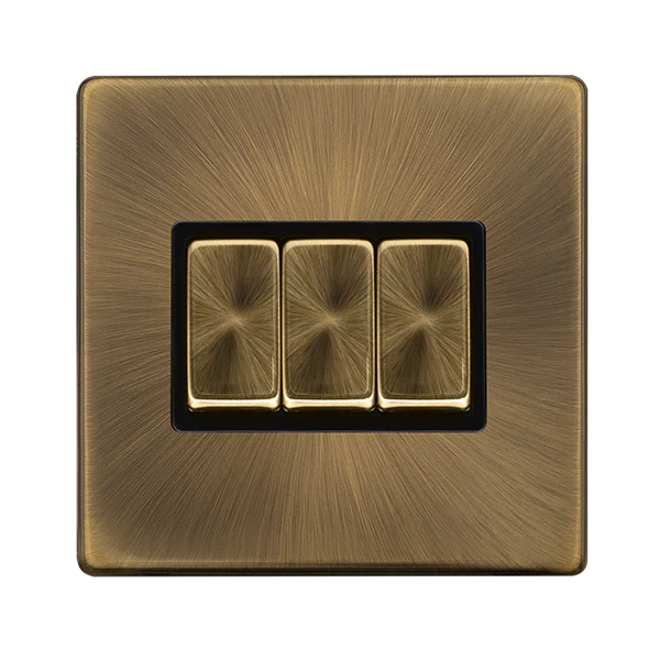 Screwless Plate Antique Brass Screwless Plate Antique Brass 10A 3 Gang 2 Way Light Switch - Black Trim