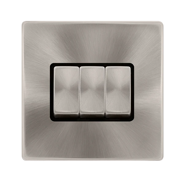 Screwless Plate Brushed Steel 10A Ingot 3 Gang 2 Way Light Switch - Black Trim