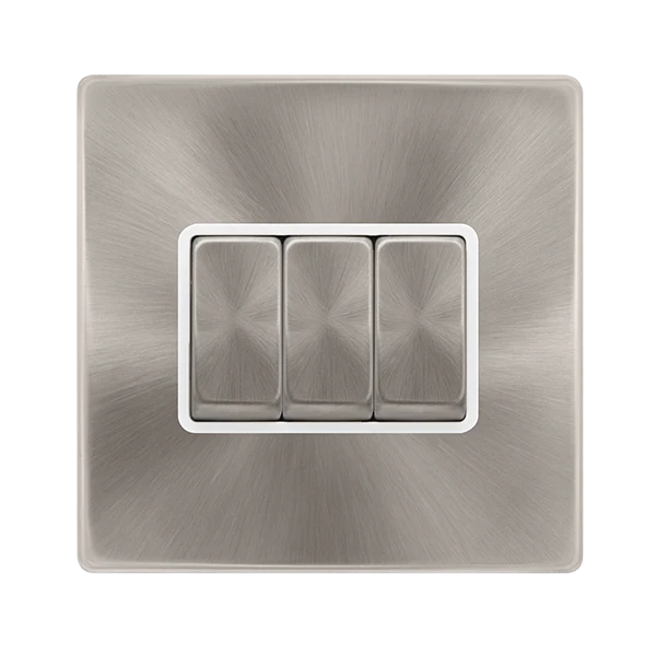 Screwless Plate Brushed Steel 10A Ingot 3 Gang 2 Way Light Switch - White Trim