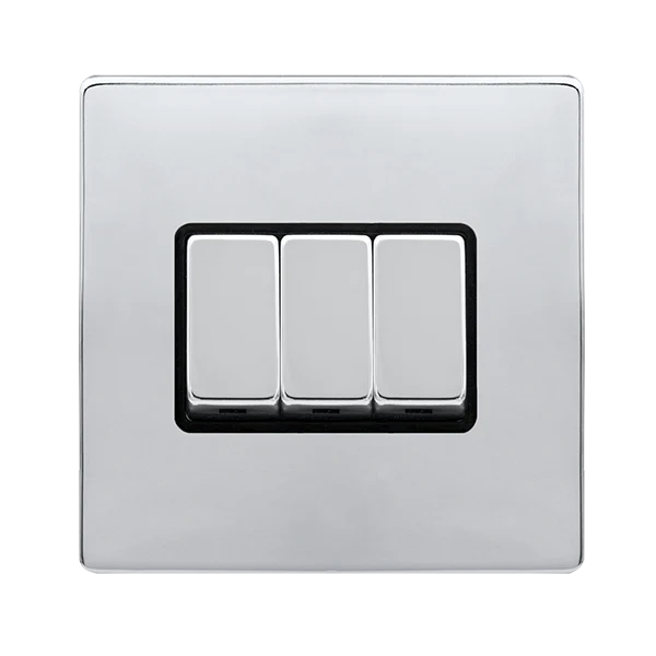 Screwless Plate Polished Chrome 10A Ingot 3 Gang 2 Way Switch - Black Trim