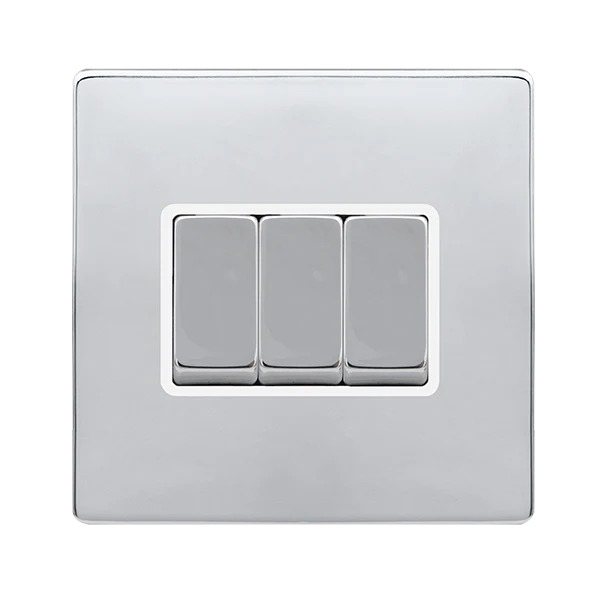 Screwless Plate Polished Chrome 10A Ingot 3 Gang 2 Way Light Switch - White Trim