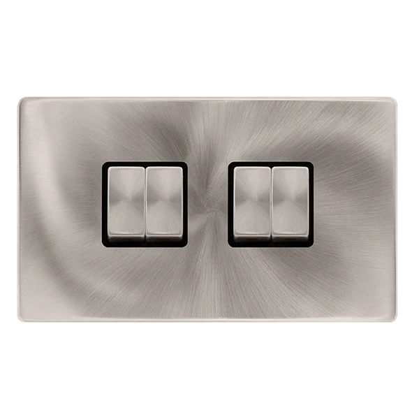 Screwless Plate Brushed Steel 10A Ingot 4 Gang 2 Way Light Switch - Black Trim