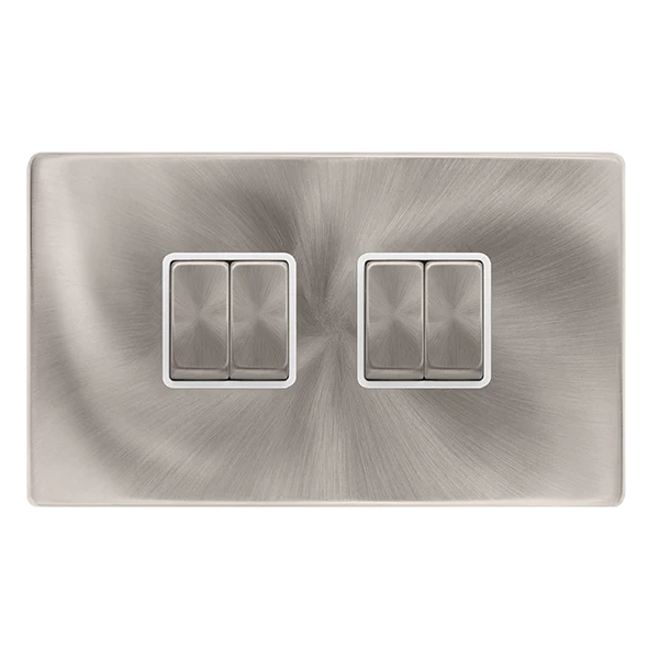 Screwless Plate Brushed Steel 10A Ingot 4 Gang 2 Way Light Switch - White Trim