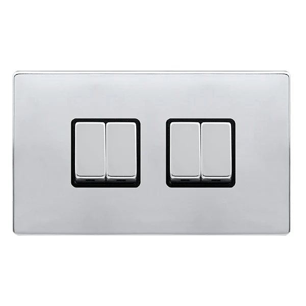 Screwless Plate Polished Chrome 10A Ingot 4 Gang 2 Way Switch - Black Trim