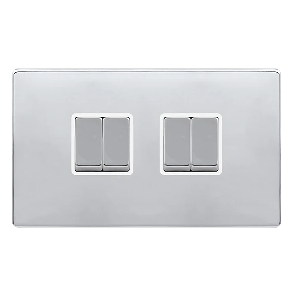 Screwless Plate Polished Chrome 10A Ingot 4 Gang 2 Way Light Switch - White Trim