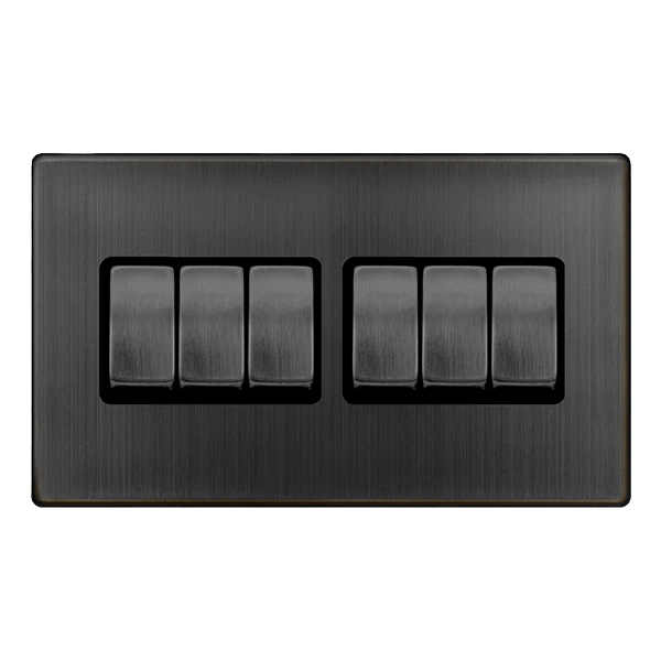 Screwless Plate Matt Bronze Screwless Plate Matt Bronze 10A 6 Gang 2 Way Light Switch - Black Trim