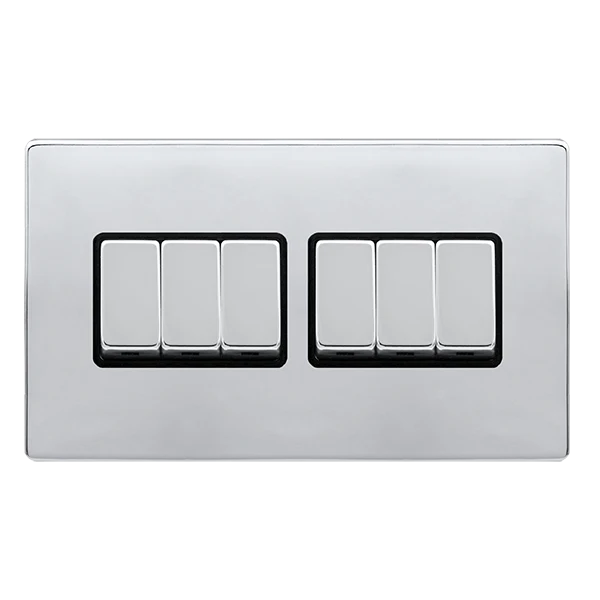 Screwless Plate Polished Chrome 10A Ingot 6 Gang 2 Way Switch - Black Trim