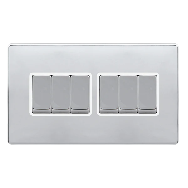 Screwless Plate Polished Chrome 10A Ingot 6 Gang 2 Way Light Switch - White Trim