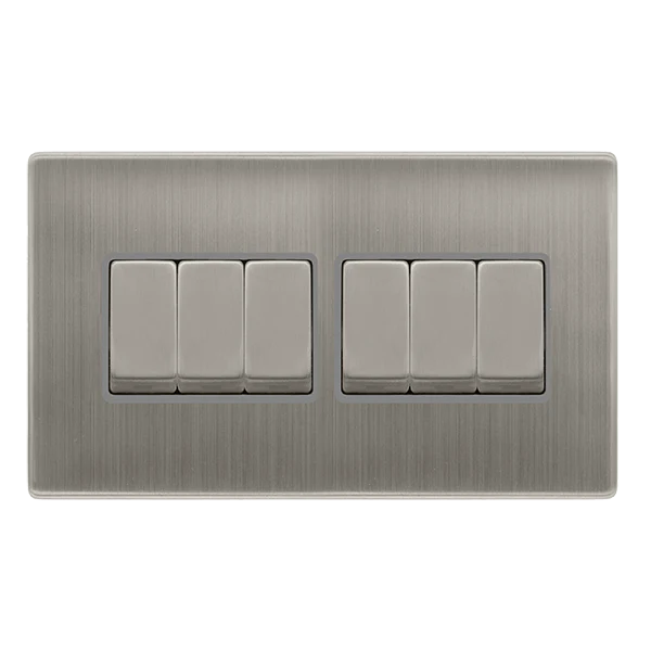 10AX Ingot 6 Gang 2 Way Switch - Stainless Steel Cover Plate - Grey Insert - Screwless