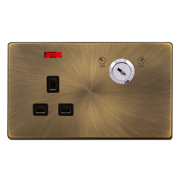 Screwless Plate Antique Brass 13A 1 Gang Double Pole Key Lockable Socket With Neon - Black Trim