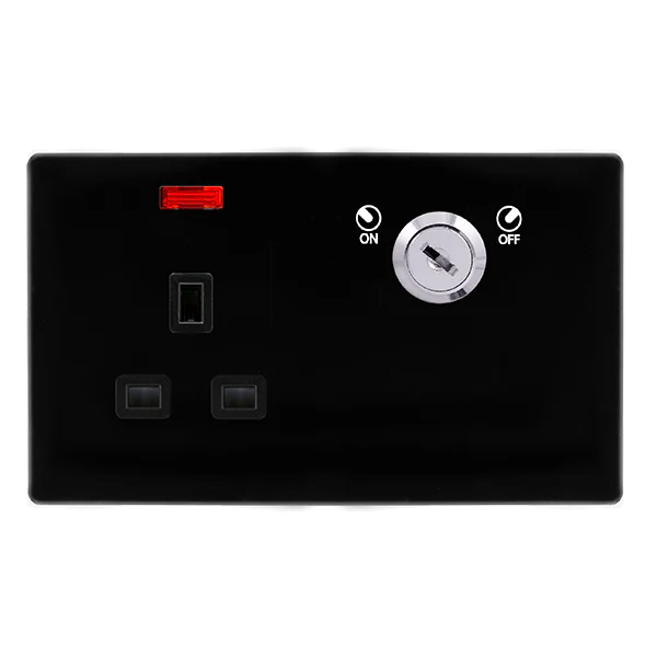 Screwless Plate Black Metal 13A 1 Gang Double Pole Key Lockable Socket With Neon - Black Trim