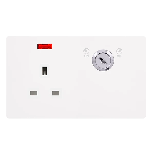 Screwless Plate White Metal 13A 1 Gang Double Pole Key Lockable Socket With Neon - White Trim