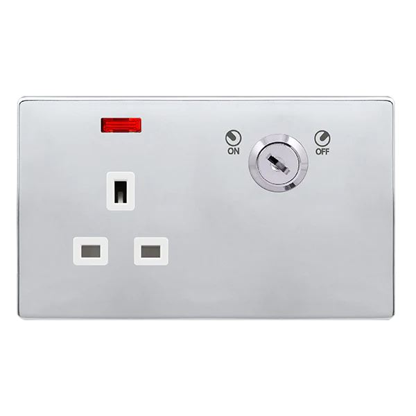 Screwless Plate Polished Chrome 13A 1 Gang Double Pole Key Lockable Socket With Neon - White Trim