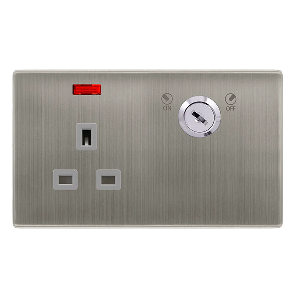 13A 1 Gang Double Pole Key Lockable Socket With Neon - Stainless Steel Cover Plate - Grey Insert - Screwless