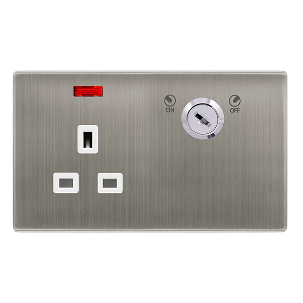 Screwless Plate Stainless Steel 13A 1 Gang Double Pole Key Lockable Socket With Neon - White Trim