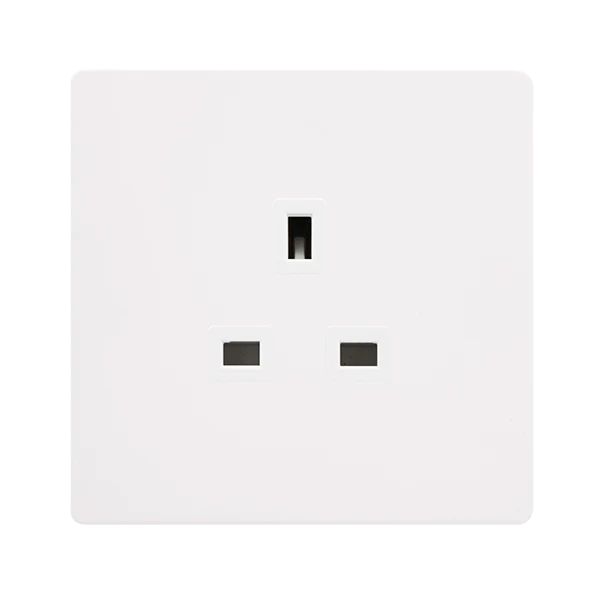 Screwless Plate White Metal 13A 1 Gang UnSwitched Plug Socket - White Trim