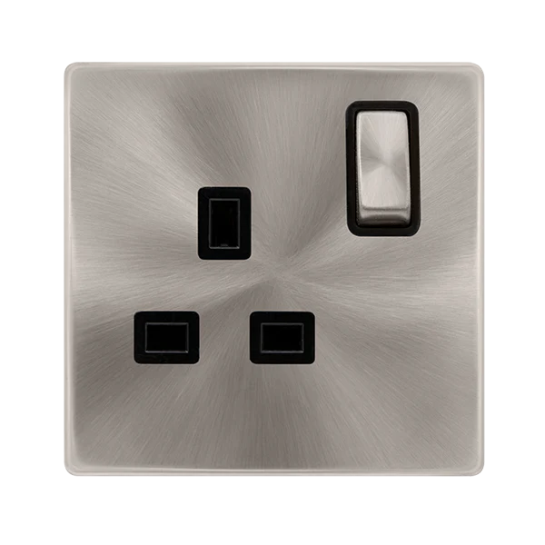 Screwless Plate Brushed Steel 13A Ingot 1 Gang DP Switched Plug Socket - Black Trim