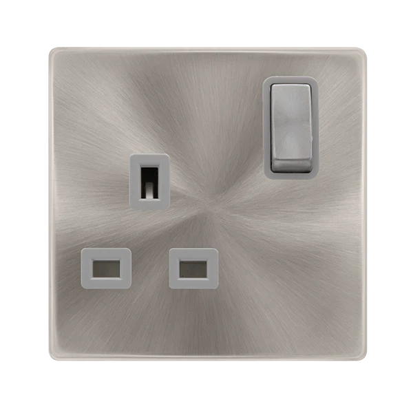 13A Ingot 1 Gang DP Switched Socket - Brushed Steel Cover Plate - Grey Insert - Screwless