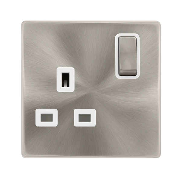 Screwless Plate Brushed Steel 13A Ingot 1 Gang DP Switched Plug Socket - White Trim