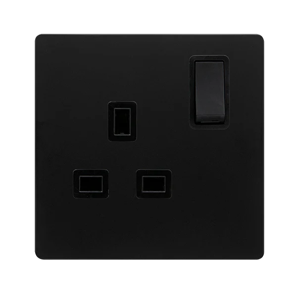 Screwless Plate Matt Black 13A 1 Gang DP Switched Plug Socket - Black Trim