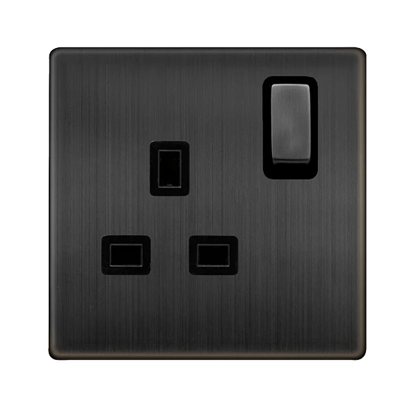Screwless Plate Matt Bronze 13A Ingot 1 Gang DP Switched Plug Socket - Black Trim