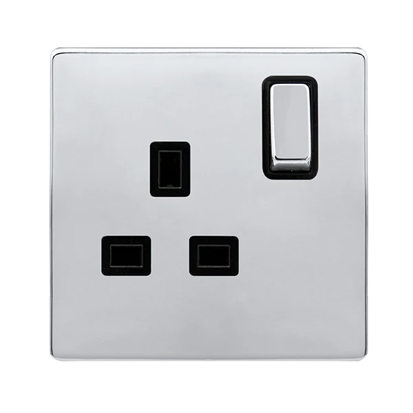 Screwless Plate Polished Chrome 13A Ingot 1 Gang DP Switched Plug Socket - Black Trim
