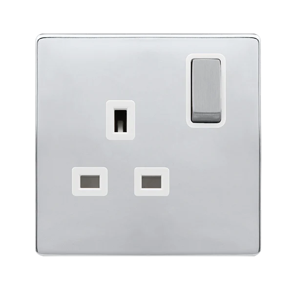 Screwless Plate Polished Chrome 13A Ingot 1 Gang DP Switched Plug Socket - White Trim