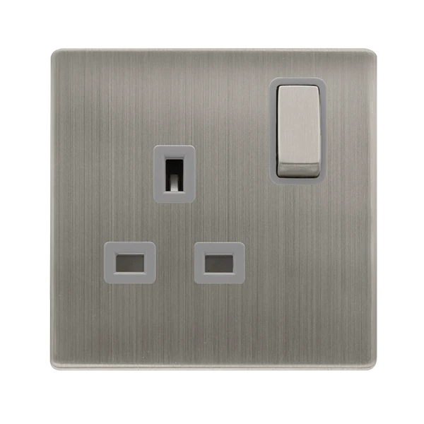 13A Ingot 1 Gang DP Switched Socket - Stainless Steel Cover Plate - Grey Insert - Screwless