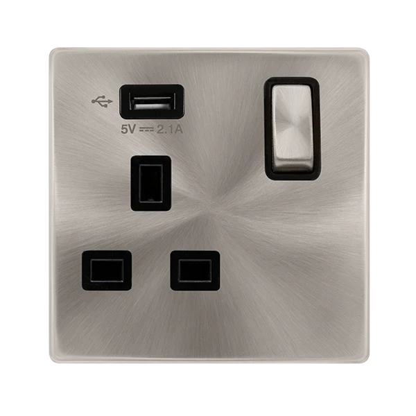 Screwless Plate Brushed Steel 13A Ingot 1 Gang Switched Plug Socket With 2.1A Usb Outlet - Black Trim