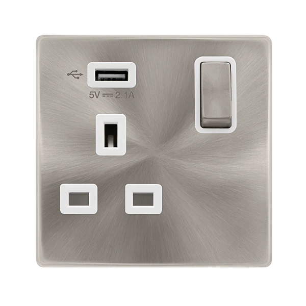 Screwless Plate Brushed Steel 13A Ingot 1 Gang Switched Plug Socket With 2.1A Usb Outlet - White Trim