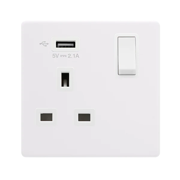 Screwless Plate Polar White 13A   1 Gang Switched Plug Socket With 2.1A Usb Outlet - White Insert