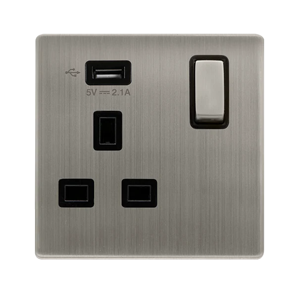 Screwless Plate Stainless Steel 13A Ingot 1 Gang Switched Plug Socket With 2.1A Usb Outlet - Black Trim