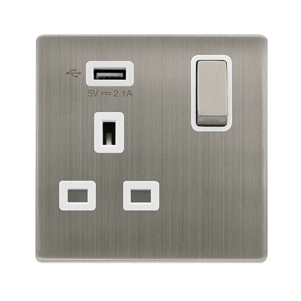 Screwless Plate Stainless Steel 13A Ingot 1 Gang Switched Plug Socket With 2.1A Usb Outlet - White Trim