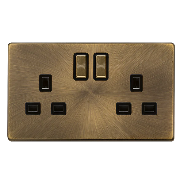 Screwless Plate Antique Brass 13A Ingot 2 Gang DP Switched Plug Socket - Black Trim