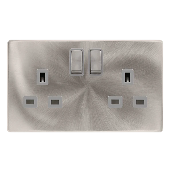 13A Ingot 2 Gang DP Switched Socket - Brushed Steel Cover Plate - Grey Insert - Screwless