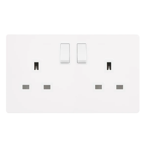 Screwless Plate White Metal 13A 2 Gang DP Switched Plug Socket - White Trim