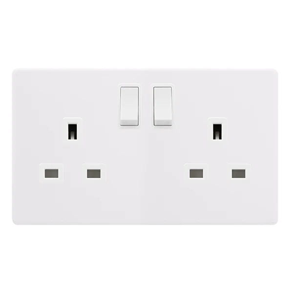 Screwless Plate Polar White 13A 2 Gang DP Switched Plug Socket - White Insert