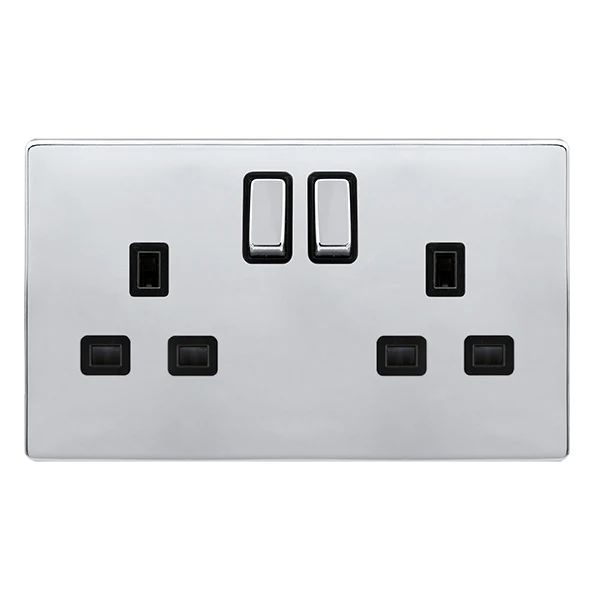 Screwless Plate Polished Chrome 13A Ingot 2 Gang DP Switched Plug Socket - Black Trim