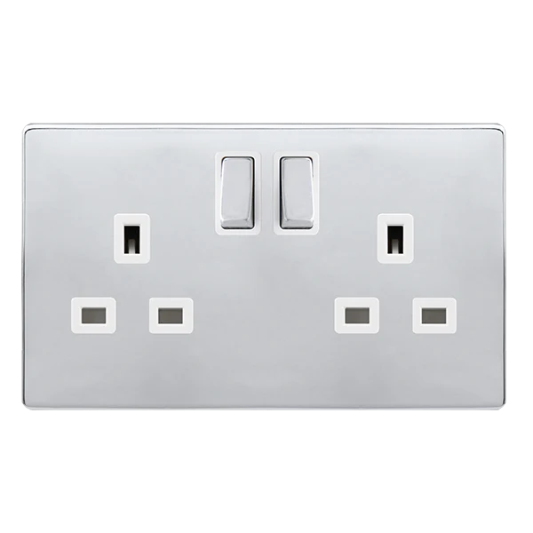 Screwless Plate Polished Chrome 13A Ingot 2 Gang DP Switched Plug Socket - White Trim