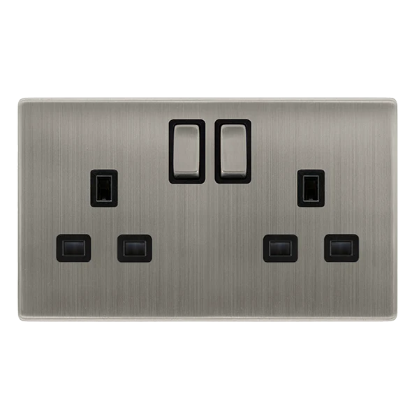Screwless Plate Stainless Steel 13A Ingot 2 Gang DP Switched Plug Socket - Black Trim