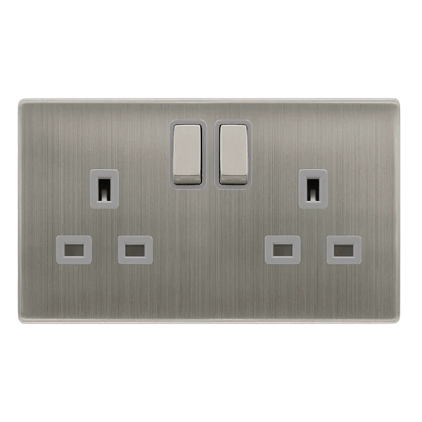 13A Ingot 2 Gang DP Switched Socket - Stainless Steel Cover Plate - Grey Insert - Screwless