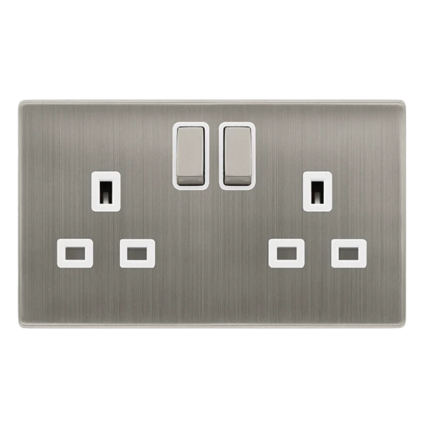 Screwless Plate Stainless Steel 13A Ingot 2 Gang DP Switched Plug Socket - White Trim