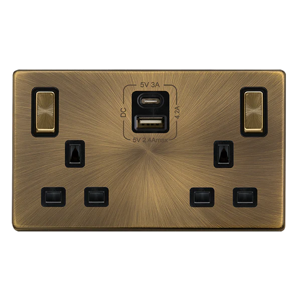Screwless Plate Antique Brass 13A Ingot 2 Gang Switched Plug Socket With Type A + C Usb - Black Trim