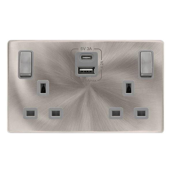 13A Ingot 2 Gang Switched Safety Shutter Socket With Type A + C Usb - Brushed Steel Cover Plate - Grey Insert - Screwless