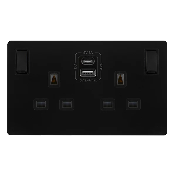 Screwless Plate Matt Black 13A 2 Gang Switched Plug Socket With Type A + C Usb - Black Trim