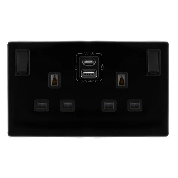 Screwless Plate Black Metal 13A 2 Gang Switched Plug Socket With Type A + C Usb - Black Trim